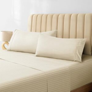 LuxClub Set di lenzuola a righe, 4 pezzi, a righe, con tasche profonde, 45,7 cm, ecologiche, lavabili in lavatrice, biancheria da letto per hotel, morbide e setose (doppie, a righe crema)