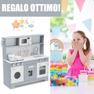 RELAX4LIFE Cucina Giocattolo in Legno per Bambini, Mini Cucina con Forno, Microonde, Distributore d'Acqua e Telefono, Luci e Suoni Realistici, per Bambini 3+ Anni