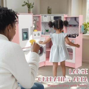 Angolo per bambini cucina con circolazione dell'acqua, lavello, angolo in legno, set da cucina con frigorifero e fornello a induzione, regalo per bambini di età compresa tra 3 (rosa)
