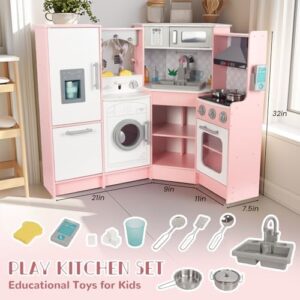 Angolo per bambini cucina con circolazione dell'acqua, lavello, angolo in legno, set da cucina con frigorifero e fornello a induzione, regalo per bambini di età compresa tra 3 (rosa)