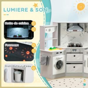 AIYAPLAY Cucina per bambini in legno, imitazione giocattolo per bambini, con 17 accessori, verdure in plastica, bottoni e luci, cappello da cuoco, grembiule, strofinaccio, 3-6 anni, grigio-bianco