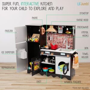 Lil' Jumbl Jumbl - Set da cucina per bambini, in legno, con funzionamento a batteria, forno a microonde, cappa, piano cottura, forno, con suono realistico e luci, pentole, padella e utensili inclusi
