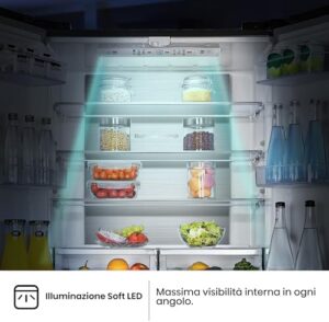 Hisense MQ79452FE Frigorifero Americano Quattro Porte, Total No Frost, Grande capacità 454 Litri, Nero, Illuminazione Sof LED, Dimensioni cm 70,6 P x 79,4 L x 181,7 H