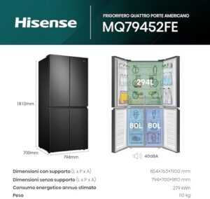Hisense MQ79452FE Frigorifero Americano Quattro Porte, Total No Frost, Grande capacità 454 Litri, Nero, Illuminazione Sof LED, Dimensioni cm 70,6 P x 79,4 L x 181,7 H