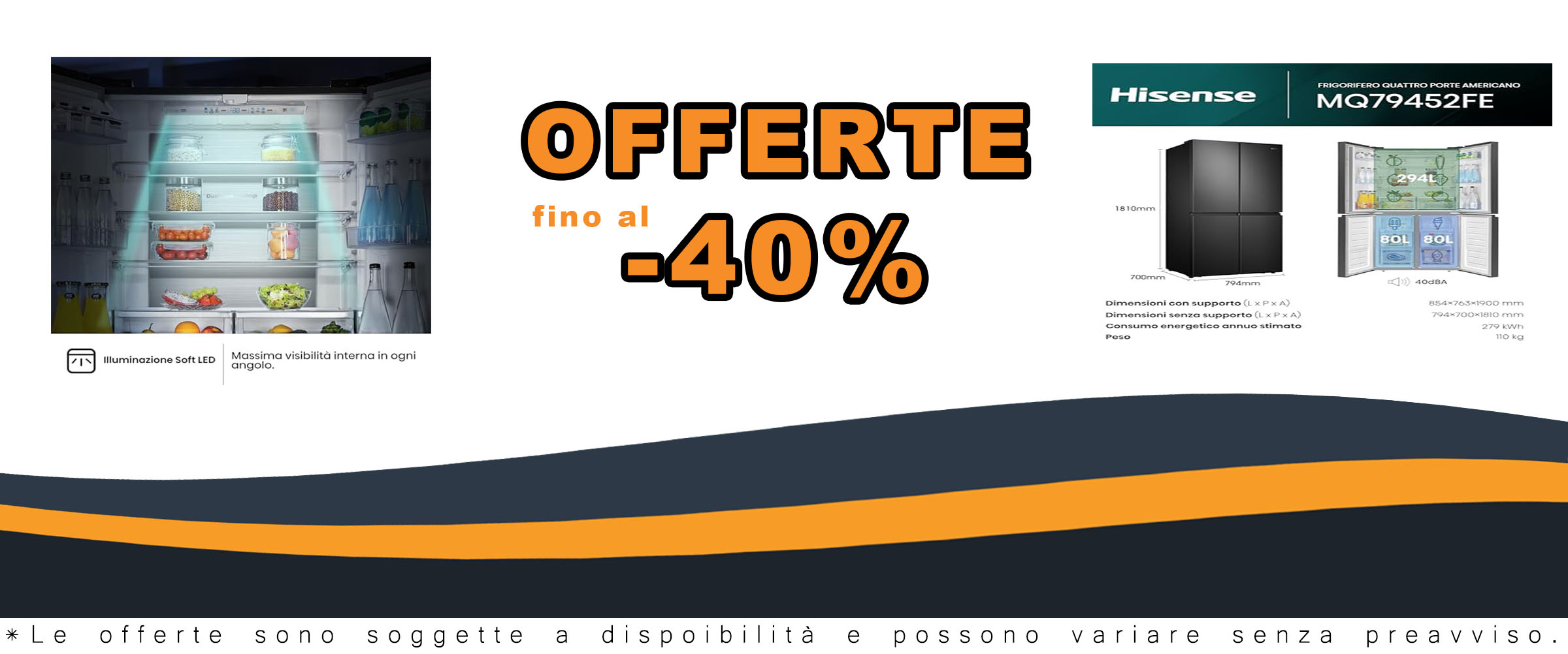 Hisense MQ79452FE Frigorifero Americano Quattro Porte, Total No Frost, Grande capacità 454 Litri, Nero, Illuminazione Sof LED, Dimensioni cm 70,6 P x 79,4 L x 181,7 H