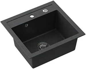 VBChome Lavello nero 50 x 47 cm con rubinetto, miscelatore per lavello, lavello singolo, lavello da incasso, granito screziato, sifone rubinetto monocomando