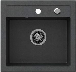 VBChome Lavello nero 50 x 47 cm con rubinetto, miscelatore per lavello, lavello singolo, lavello da incasso, granito screziato, sifone rubinetto monocomando