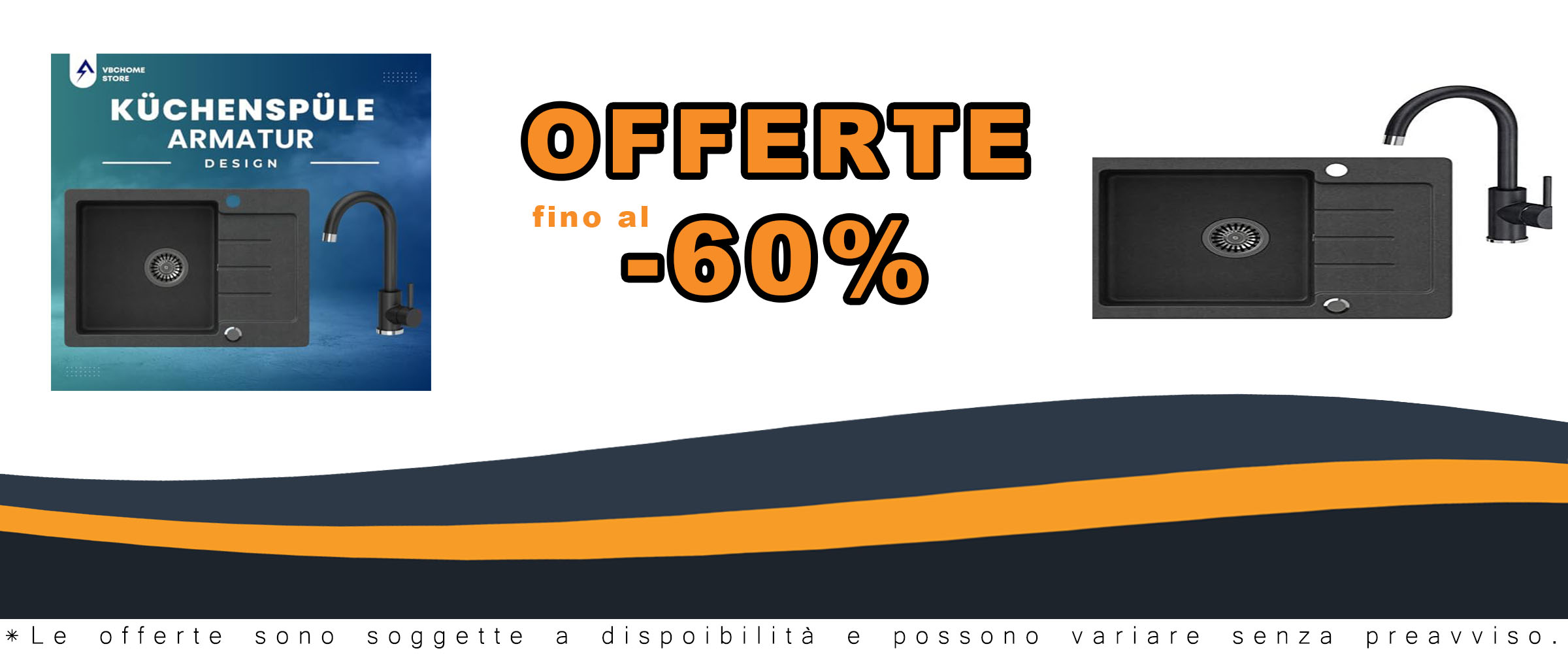 VBChome Lavello singolo da incasso, da 60 x 44 cm, in granito composito puntiforme, reversibile, con sifone, Nero