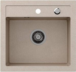 Lavello singolo da incasso in granito, 46 x 49 cm, per cucina, colore selezionabile tra beige o nero, rettangolare, con tappo a saltarello e sifone, Beige