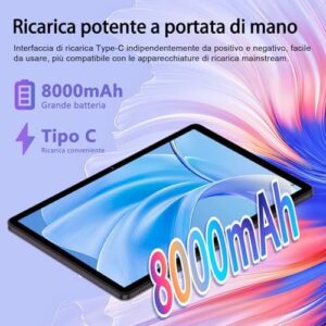 Tablet 11 Pollici Android 14 con 24GB RAM e 256GB ROM, con riconoscimento facciale e batteria da 8000mAh