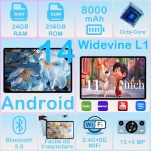 ZIOVO Tablet Android 14 Tablet 11 Pollici, 24GB RAM+256GB ROM (TF 1TB), 5G WiFi Tablets, Widevine L1/Octa-Core 2.0 GHz/8000mAh/Corpo Metallico/13+5MP/BT5.0, Tableta con Custodia - Blu