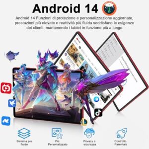 Tablet 11 Pollici Android 14 Tablet con 24GB RAM + 256GB ROM(TF/1TB), Octa-Core 2.0 GHz, 2.4G/5G WiFi, Bluetooth 5.0, Widevine L1, 8000mAh, 5MP+13MP, 1280 * 800 Pixels FHD, Touch Screen con Case - Red