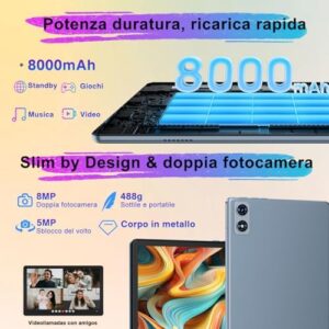 Dghrti 2025 Newest Tablet 10 pollici Android 14, 22GB RAM+128GB ROM/TF 1TB, 8-core 2.0GHz, 8000mAh, UFS 2.1 Flash, Corpo in Metallo, WiFi 6, BT5.0, 8+5MP, Widevine L1, Con Tastiera e Mouse, Gray