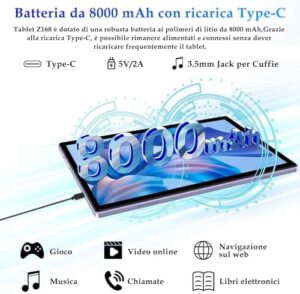 ZIOVO Android 14 Tablet 10 Pollici, 22GB RAM+128GB ROM (TF 1TB), 5G WiFi Tablets, Supporto Widevine L1/Octa-Core/8000mAh/Corpo Metallico/8+5MP, 2 in 1 Tablet PC con Tastiera e Mouse- Viola