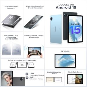 DOOGEE U11 Tablet Android 15 Ultimo, 11 Pollici IPS, 16GB+128GB/TF 2TB Octa-Core, 8580mAh Tablet PC, 13MP+5MP, Widevine L1 Tablet in Offerta, Dual Speakers, 90HZ/ OTG/WiFi 5G/ Face Unlock/ BT5.0 Nero