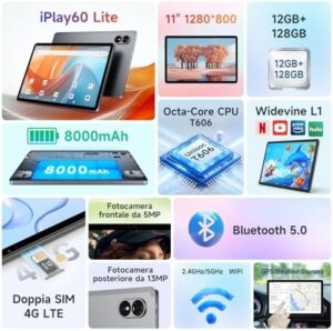 ALLDOCUBE iPlay60 Lite Tavoletta Android 14, Tavoletta PC 11 Pollici 1280 * 800 Incell IPS, 12(4+8) GB RAM 128GB ROM/TF 512 GB, Tavoletta Gaming Octa-core, 5MP+13MP, Widevine L1, 8000mAh, 4G LTE/GPS