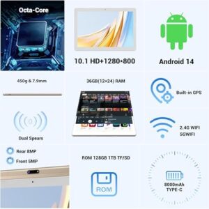 FLYCOAY Android 14 Tablet 10 Pollici Otto-core 2.0GHz, 5G WIFI 6, 36GB RAM+128GB ROM (TF 1TB), Batteria da 8000mAh, OTG/Bluetooth 5.0, Tablet con Tastiera, Mouse (Oro)