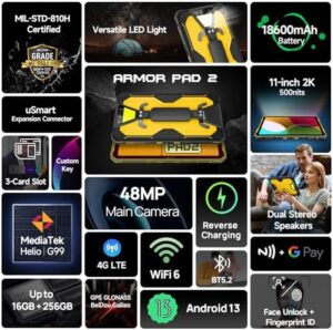 Ulefone Armor Pad 2 Tablet Rugerizzato, 16 GB+256 GB+TF 2 TB, 18600 mAh/33 W, Tablet 11 Pollici, Android 13 IP68 Tablet Antiurto, Fotocamera 48 MP+16 MP, Tablet Impermeabile Dual SIM 4G, NFC GPS OTG