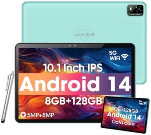 Weelikeit tablet Android, tablet da 10 pollici con touch screen HD 1280 x 800, 8 GB RAM+128 GB ROM (fino a 1 TB), batteria da 6000 mAh, 5 G WiFi 6, Bluetooth 5.0, doppia fotocamera da 5 MP+8 MP,