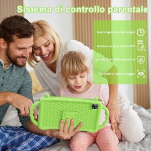 Semeakoko Tablet Bambini 10 Pollici, Tablet Android 14 Octa Core 2.0 GHz, 10GB RAM + 64GB ROM(TF 1 TB), 6000 mAh, WiFi, Bluetooth, Doppia Fotocamera, Controllo Genitori, APP Educazione Bambini (Verde)