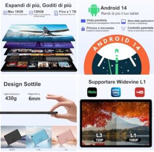 DMOAO Tablet 10 Pollici Android 14 con 18 GB RAM + 128 GB ROM(TF 1TB), FHD Tablet con 5G Wi-Fi 6, Widevine L1, Octa-Core, USB-C, BT 5.0, 6000 mAh, Tablet con Tastiera + Mouse + Custodia, Nero