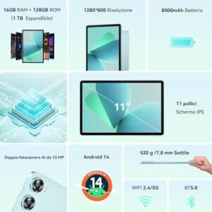 OUKITEL 2025 Newest Tablet OT9-11 Pollici 8000mAh 16GB RAM+128GB ROM/TF 1TB Tablet Android 14, Tablet in Offerta Bluetooth 5.0/WiFi 6/1280 * 800/Widevine L1/Presa da 3,5 mm