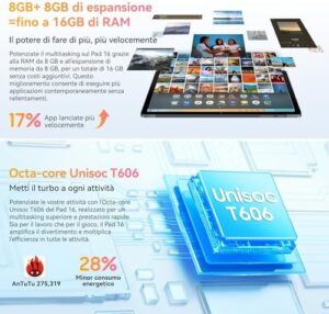 OSCAL PAD 16 Tablet 10,51 Pollici, 16GB RAM+128GB ROM(TF 2TB), Unisoc T606 Octa-Core 2K Tablet Gaming, 8200mAh Tablet Android, 4G LTE SIM+5G WiFi, Widevine L1/Face ID/13MP+13MP/GPS/Penna/Custodia