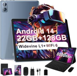 2025 Newest Tablet 10 pollici Android 14, 22GB RAM+128GB ROM/TF 1TB, 8-core 2.0GHz, 8000mAh, UFS 2.1 Flash, Corpo in Metallo, Doppio WiFi, BT5.0, 8+5MP, Widevine L1, Con Tastiera e Mouse, Gray