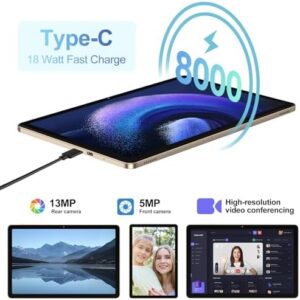 Tablet 11 Pollici Android 14 con Widevine L1, 8000 mAh + Ricarica Rapida 18 W, 5MP+13MP, 20 GB RAM+128 GB ROM (Espandibile Fino a 1 TB), 5G Wi-Fi, GPS, Octa-Core 2.0 GHz, 1280*800, Face ID, USB-C, Oro