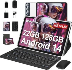 DMOAO Tablet Android 14 con 22GB RAM+128GB ROM(1TB TF), Tablet 10 Pollici con Widevine L1, Octa-Core 2.0GHZ, 5G Wi-Fi, GPS, 8000mAh, 8MP+5MP, Bluetooth 5.0, USB-C, Tablet con Tastiera, Argento