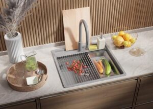 "Lavello angolare grigio 56x53cm con lavandino, sifone e tagliere per cucina incasso."